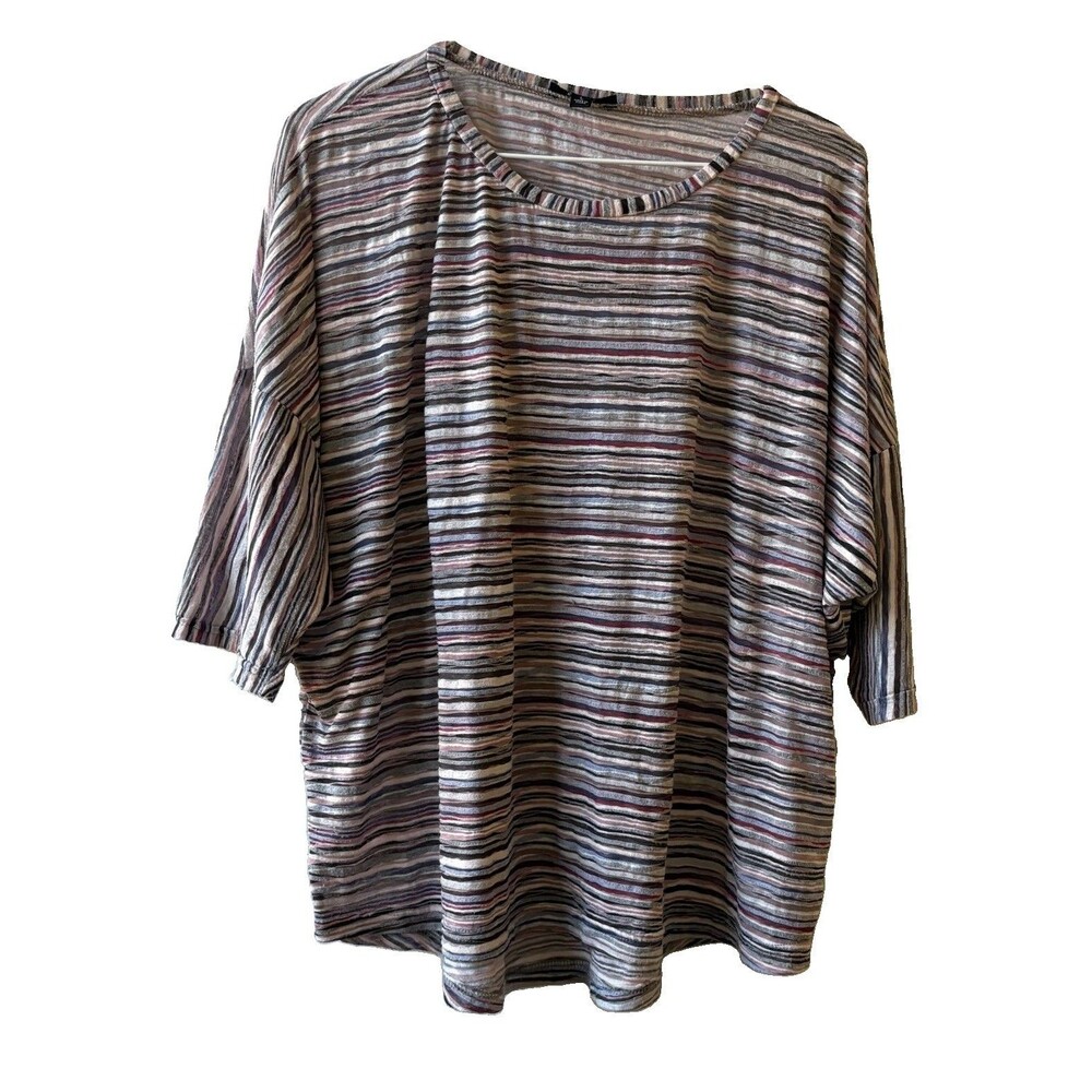 Very J Women's Top L Multicolor Striped Round Neck 3/4 Sleeve Pullover